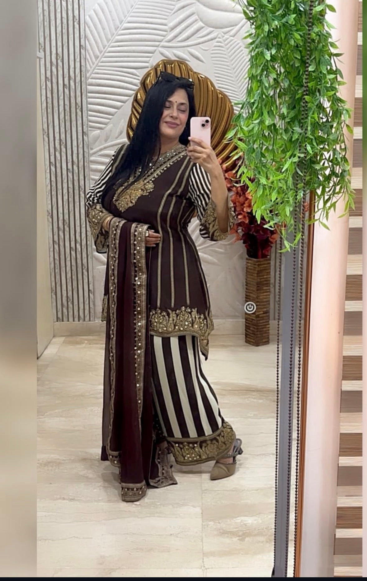 Strips in brown chocolate colour Crepe 3pcs suit